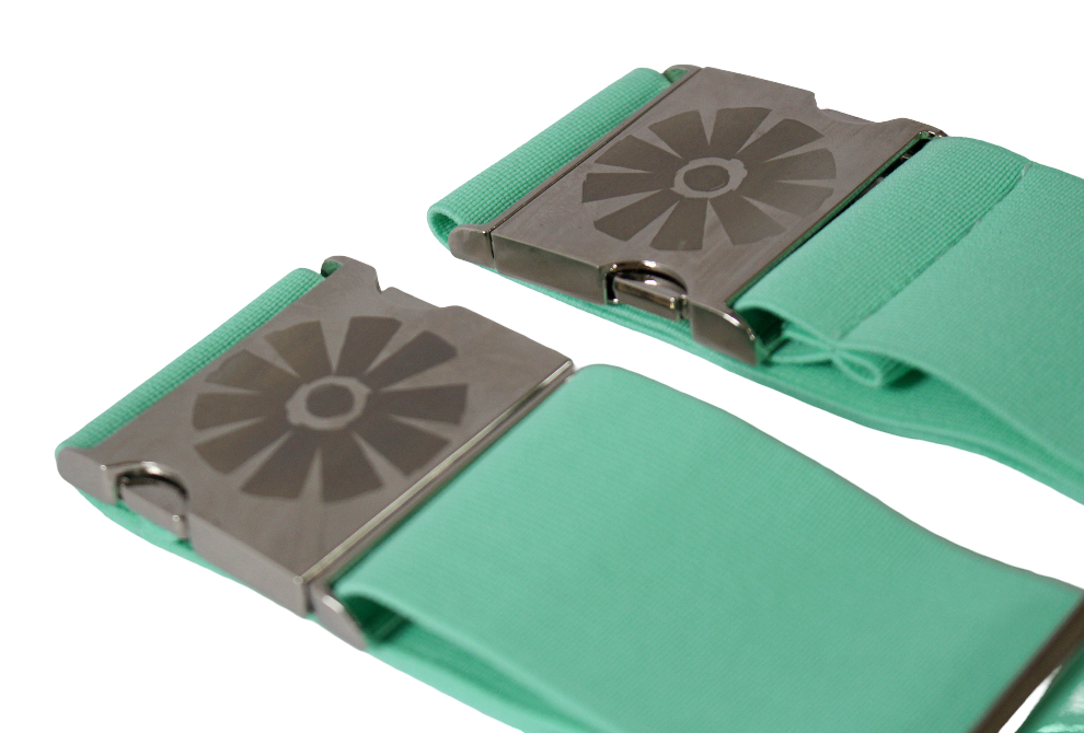 Two green belts with metallic buckle on a white background