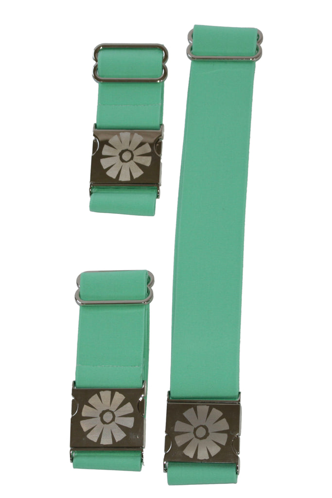 Two turquoise straps with metal buckles on a white background