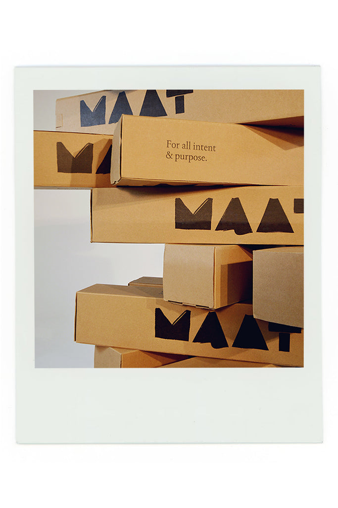 MAAT packaging boxes with wording " For all intent & purpose" stacking on top of each other