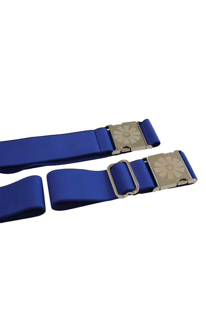 Two blue straps with metal buckles on a white background