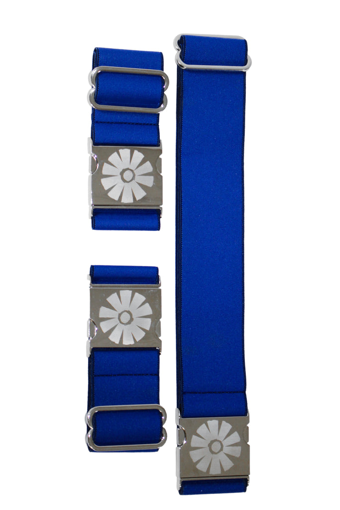 Two blue straps with silver floral designs on a white background