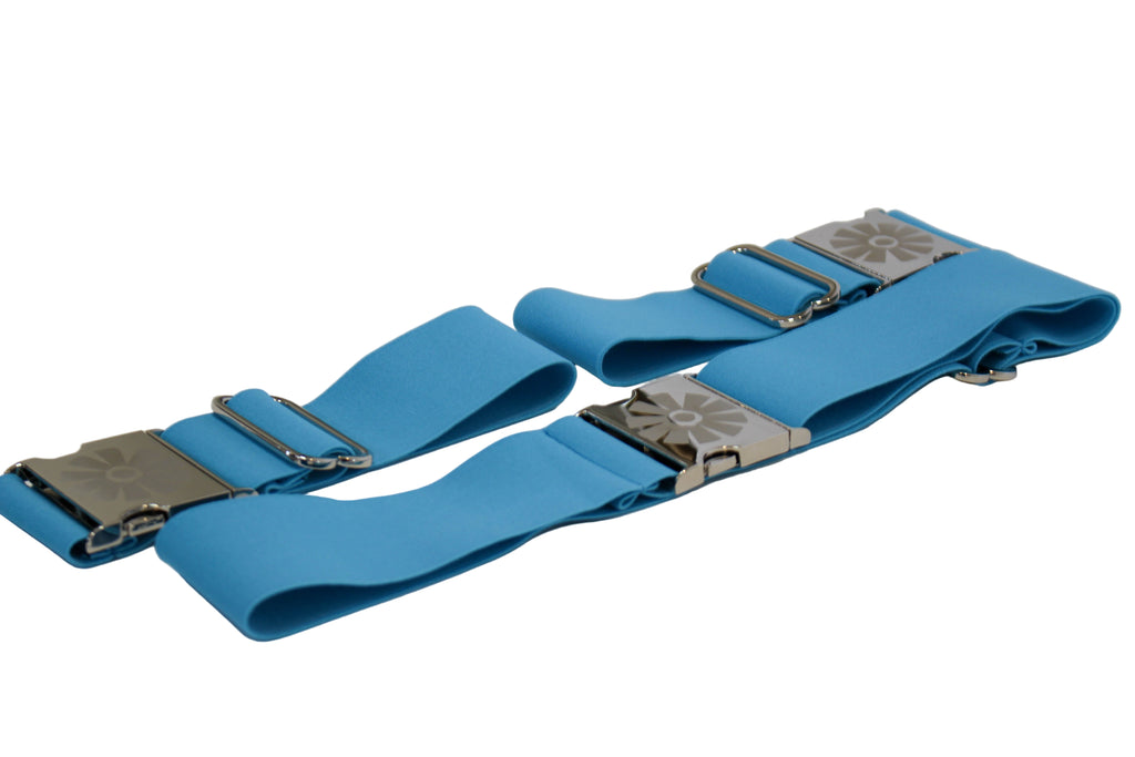 Three blue straps with metallic buckles