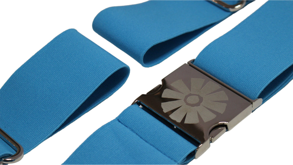 Blue straps with a metal buckle on a white background