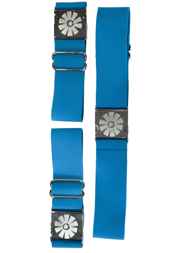 Two blue straps with metal buckles on a white background